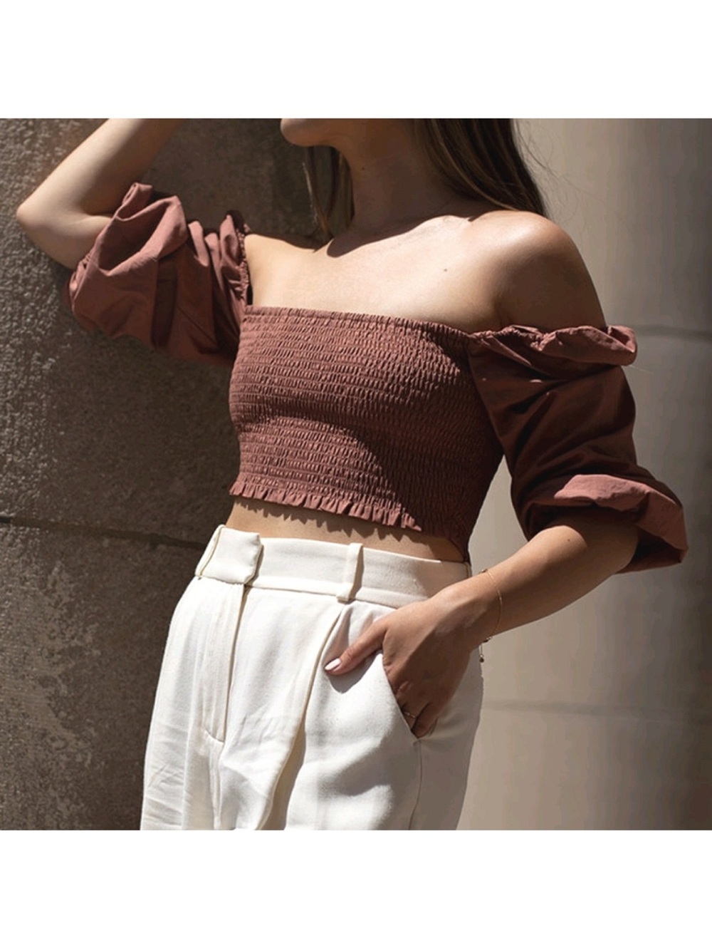 NWT Wilfred Inaya Smocked Ruffled Peasant Cottage Crop Top Puff Sleeve